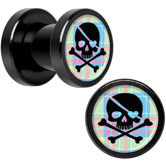 Pink Green Plaid Heart Skull Black Anodized Screw Fit Plug Set 2G