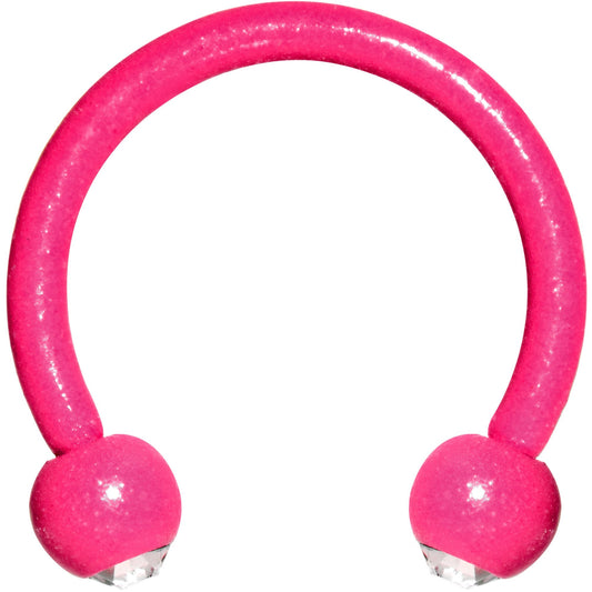 16G Clear Gem Pink Glow in the Dark Horseshoe Circular Barbell