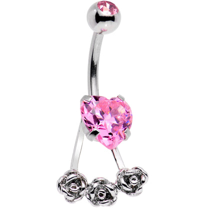 Pink CZ Gem Heart Kissed Rose Flower Dangle Belly Ring