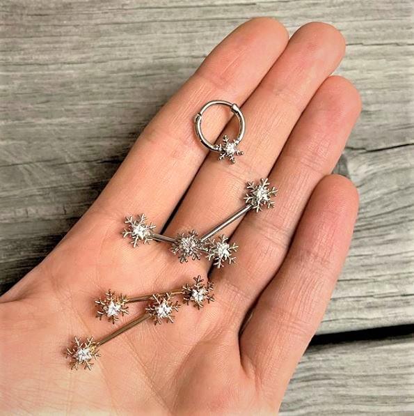 14G 5/8 Clear Gem Rose Gold Hue Snowflake Barbell Nipple Ring Set