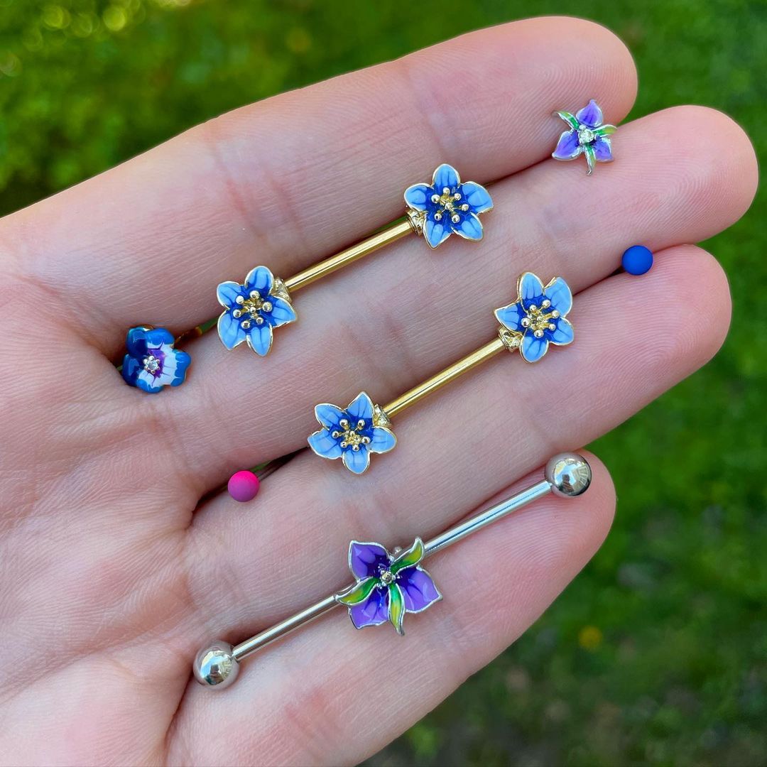 16G 5/16 Clear CZ Gem Gold Tone Blue Spring Flower Labret Monroe