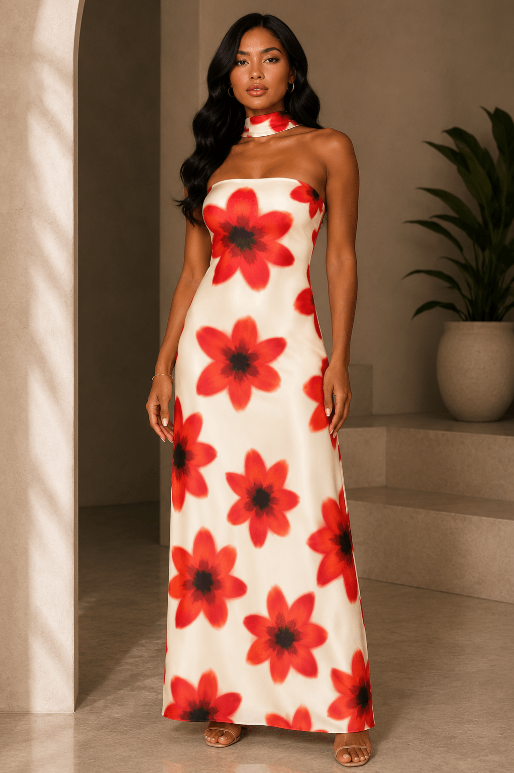 Sunset Bloom Neck Scarf Maxi Dress