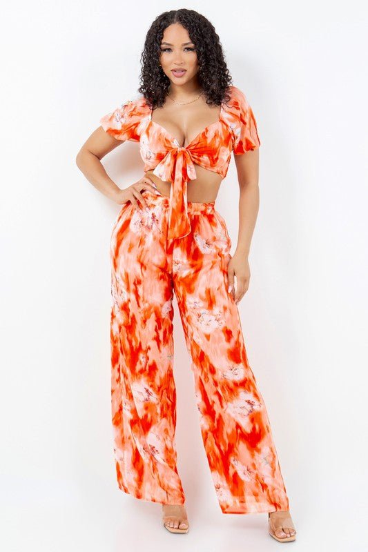 Sunset Bloom Tie-Front Crop Top Pant Set