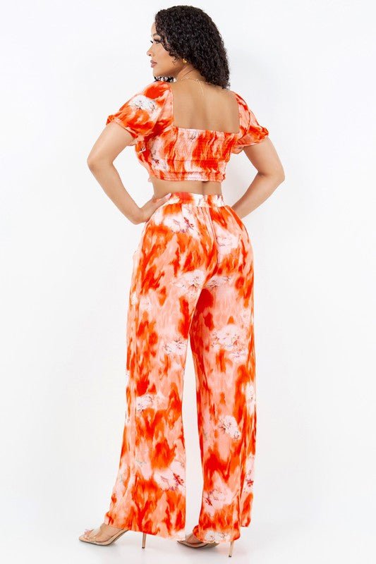 Sunset Bloom Tie-Front Crop Top Pant Set