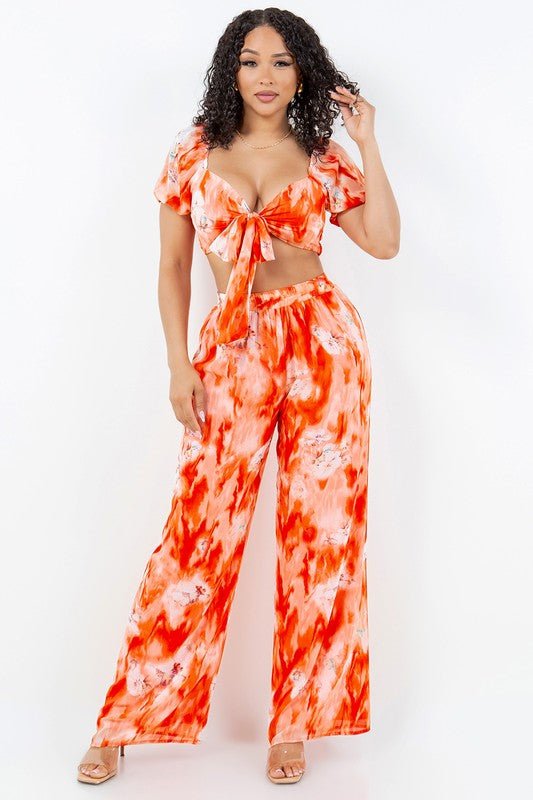 Sunset Bloom Tie-Front Crop Top Pant Set