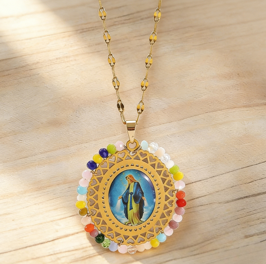 Stainless Steel Virgin Mary Crystal Pendant Necklace