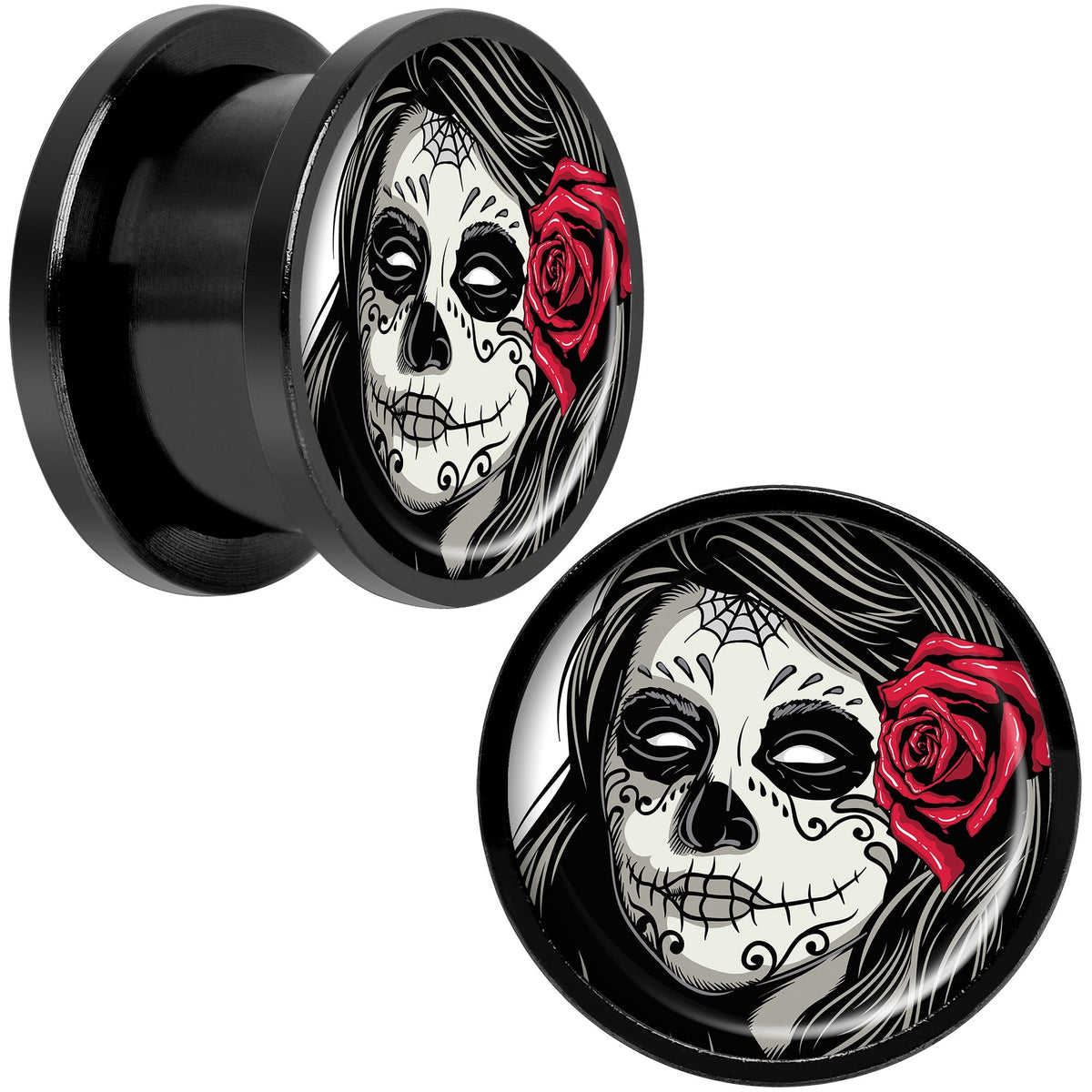 Katrina Sugar Skull with Rose Flower Black Anodized Screw Fit Plug Set 9/16