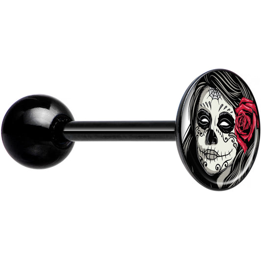 Katrina Sugar Skull with Rose Flower Black Barbell Tongue Ring