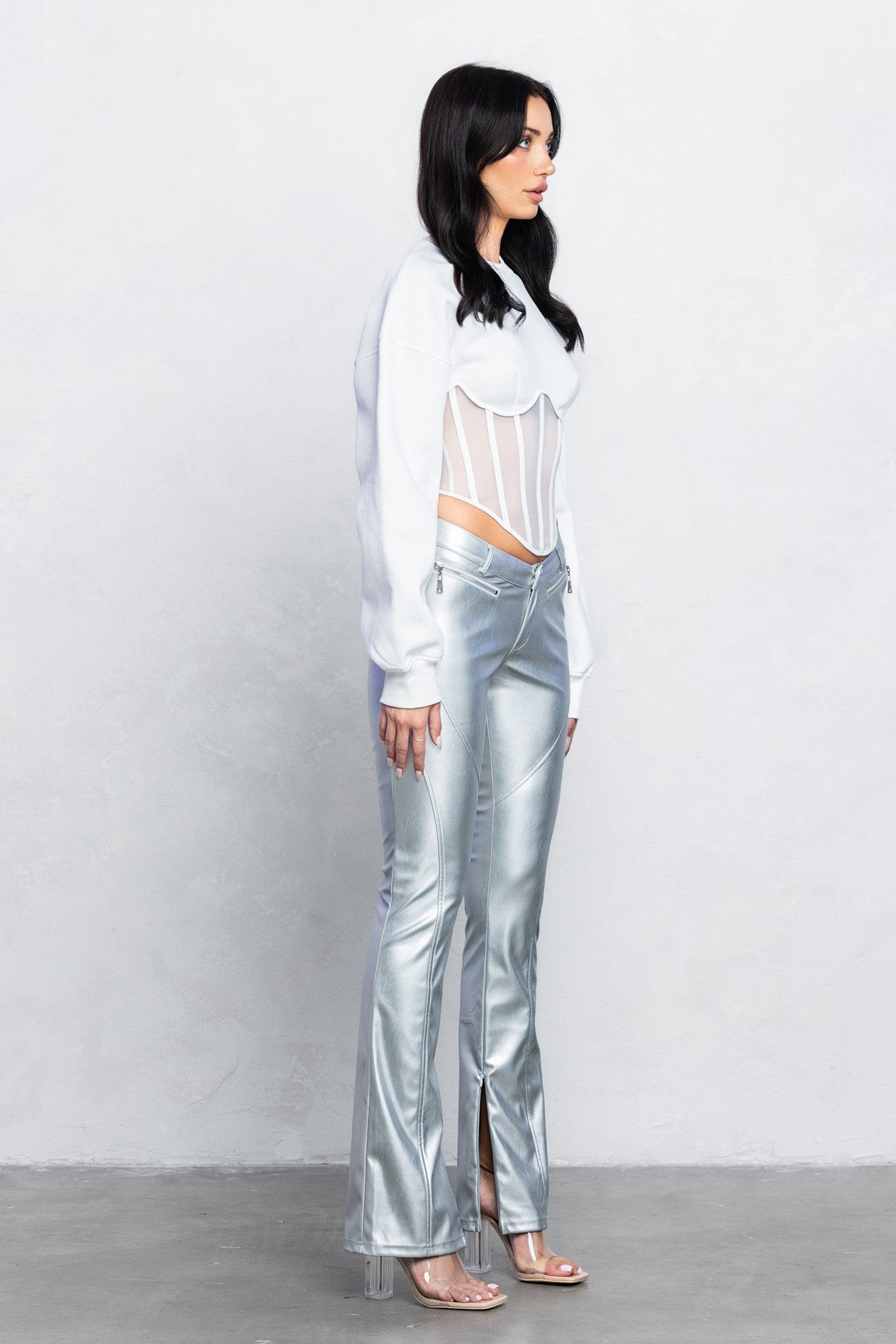 V-Cut Pleather Boot-Cut Pants | Low Rise Trendy Zipper Detail Pants