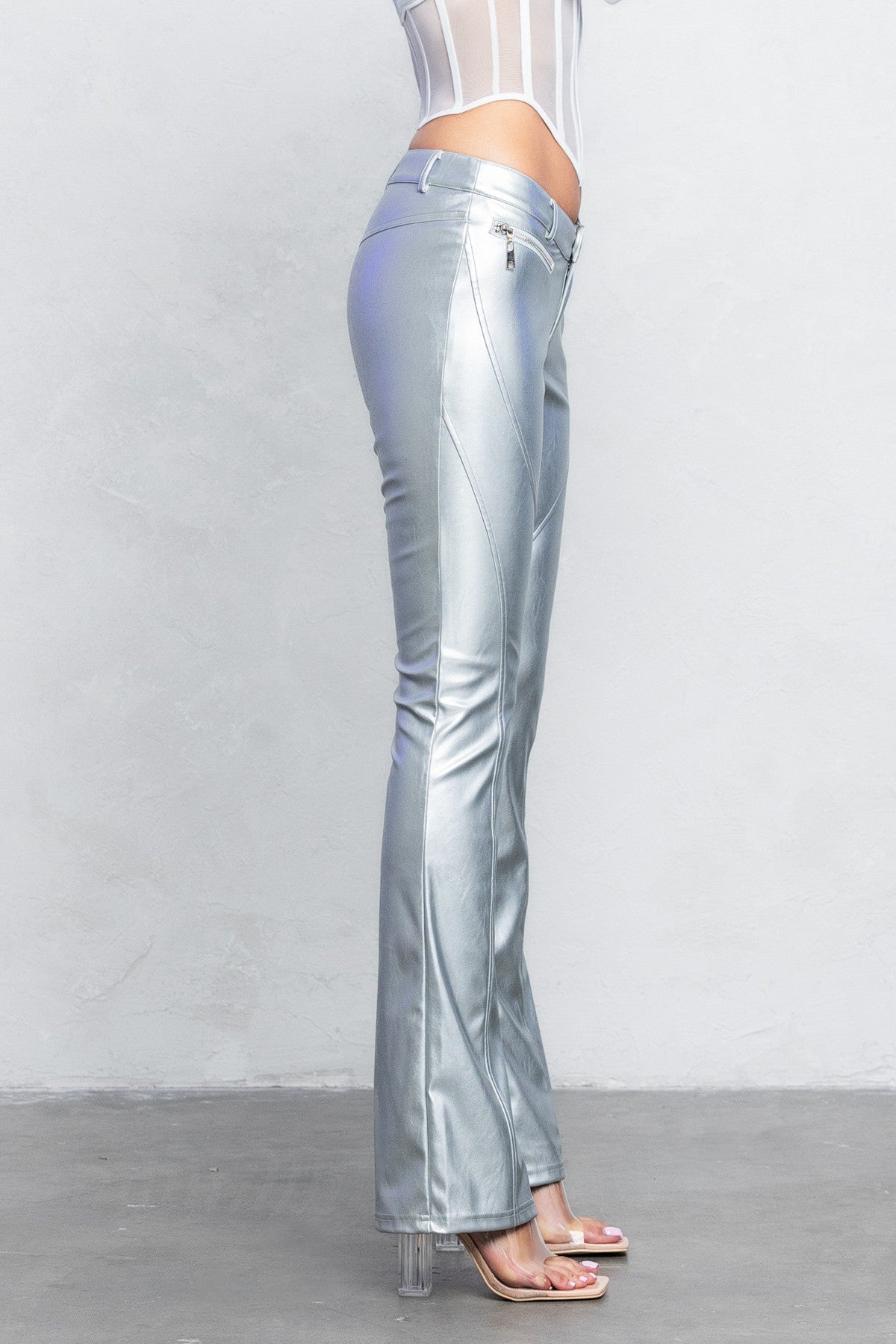 V-Cut Pleather Boot-Cut Pants | Low Rise Trendy Zipper Detail Pants