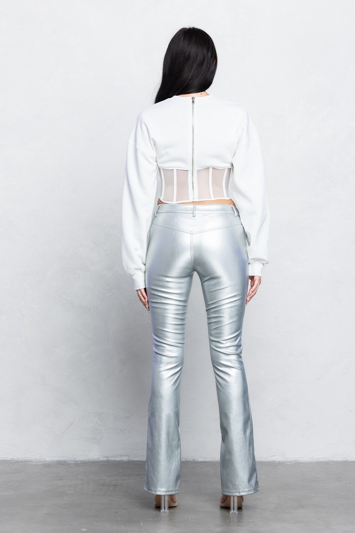 V-Cut Pleather Boot-Cut Pants | Low Rise Trendy Zipper Detail Pants