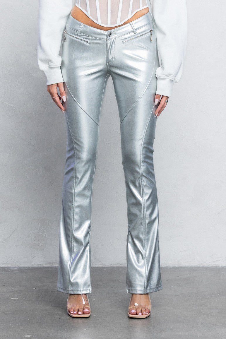 V-Cut Pleather Boot-Cut Pants | Low Rise Trendy Zipper Detail Pants