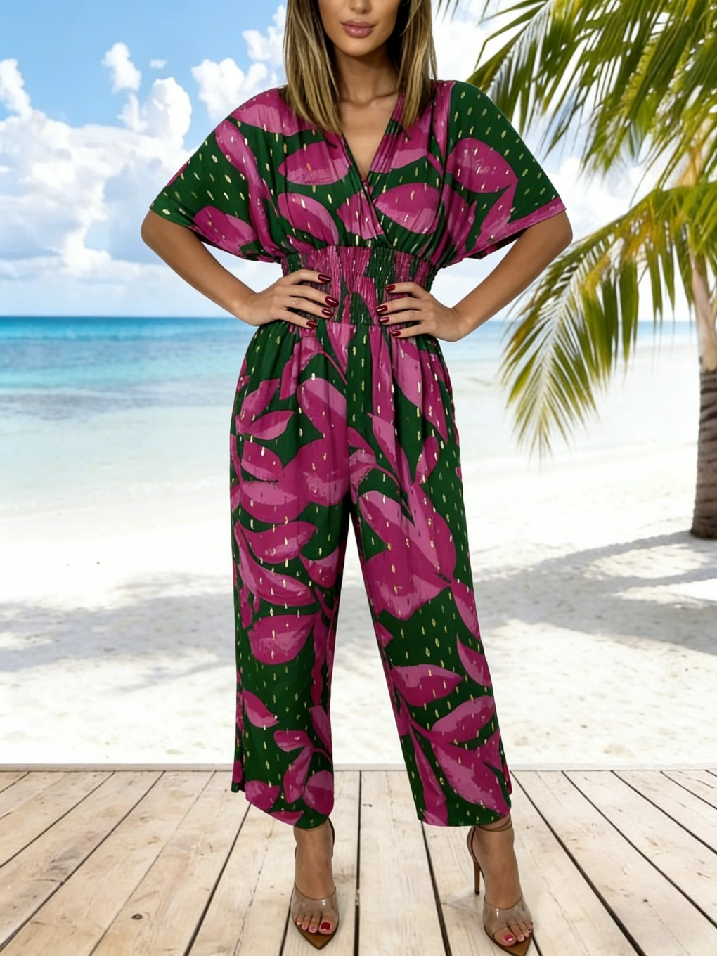 Summer V-Neck Printed Dolman Sleeve Cropped Wide-Leg Jumpsuit