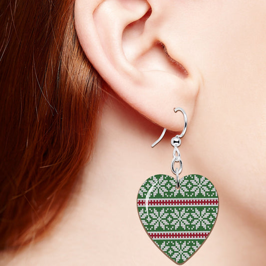 Green Red Christmas Sweater Heart Fishhook Dangle Earrings