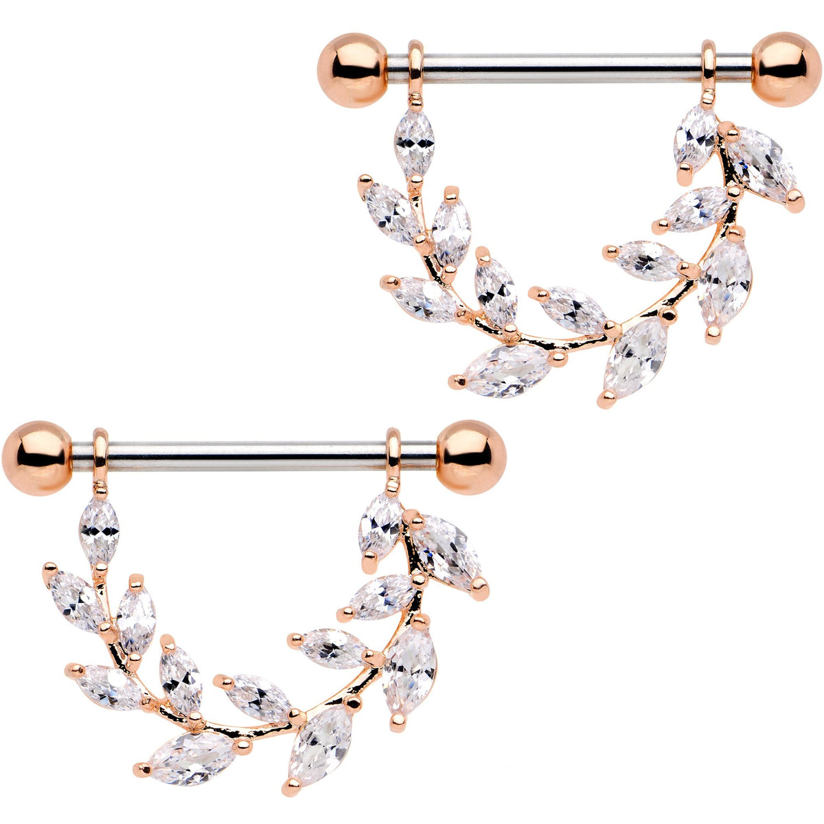 9/16 Clear CZ Gem Rose Gold Tone Ivy Leaf Dangle Nipple Ring Set