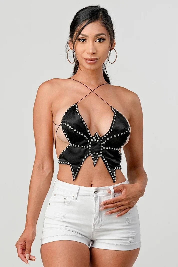 Vyxen Rhinestone Butterfly Halter Top – Sparkly Festival & Going Out Top for Women