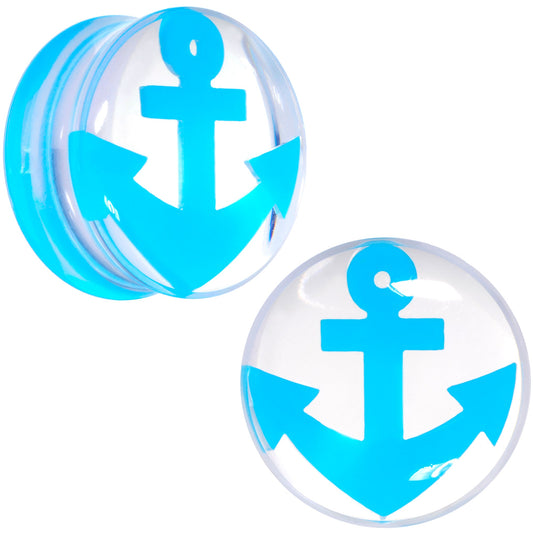Clear Acrylic Double Flare Blue Turquoise  Anchor Saddle Plug Set 18mm - 20mm