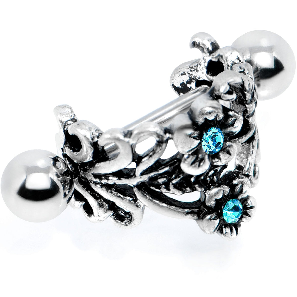16G 1/2 Blue Gem Double Daisy Flower Cuff Cartilage Earring