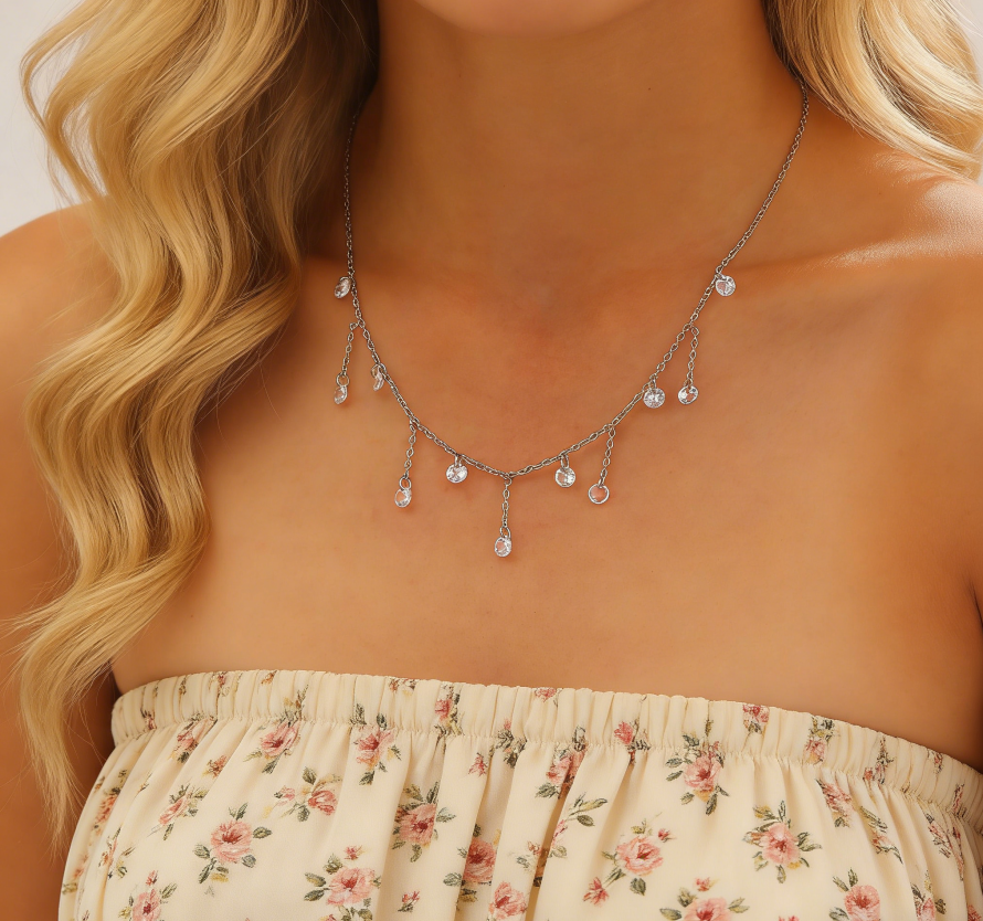 Stainless Steel Sparkling Zircon Tassel Necklace
