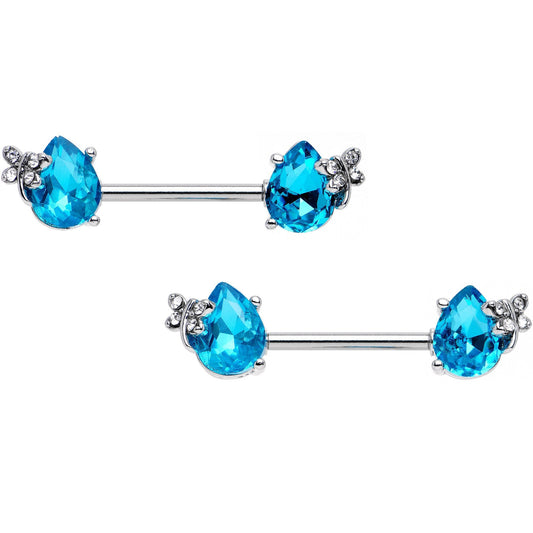 9/16 Aqua CZ Gem Mini Butterfly Barbell Nipple Ring Set