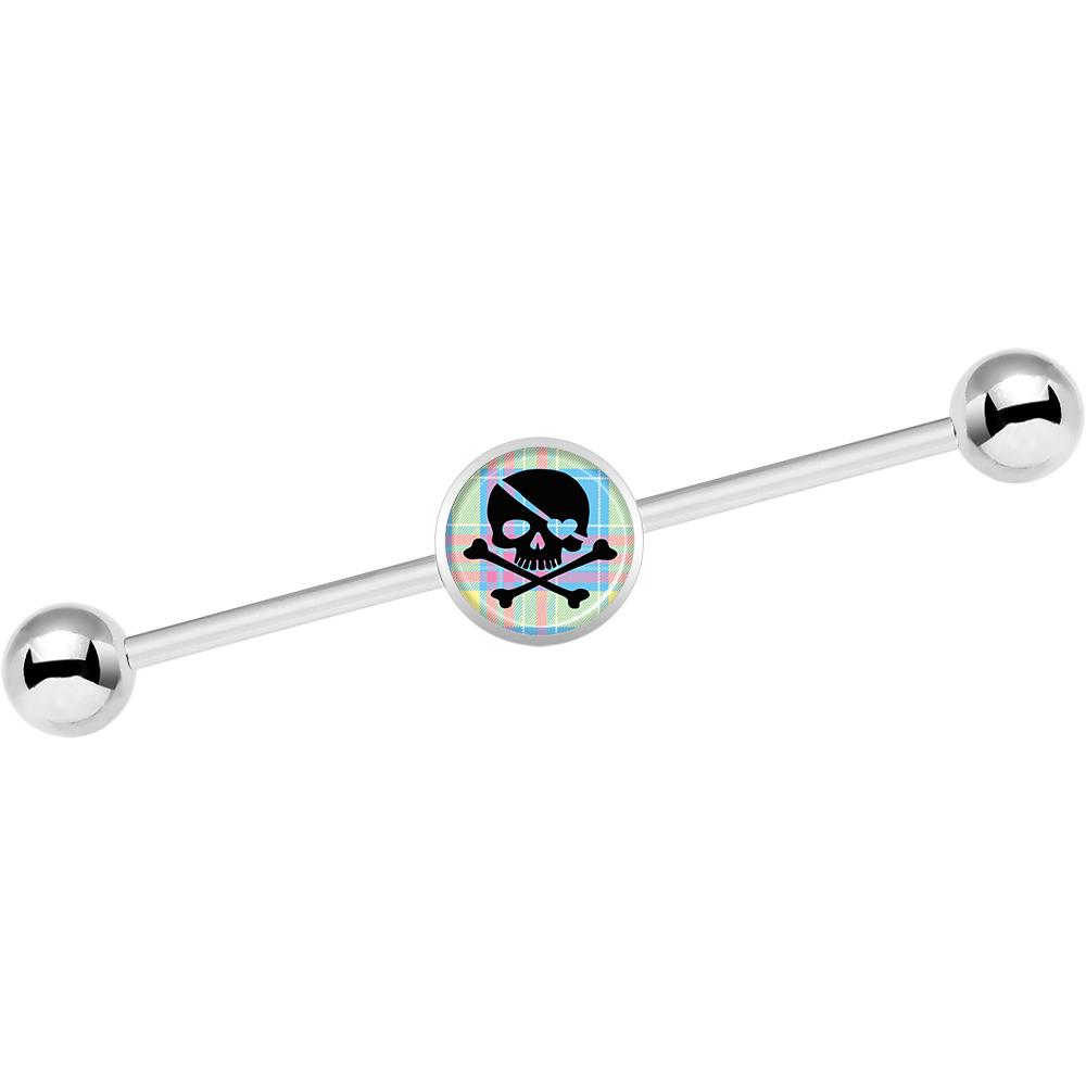14G Pink Green Plaid Heart Skull Industrial Barbell 37mm