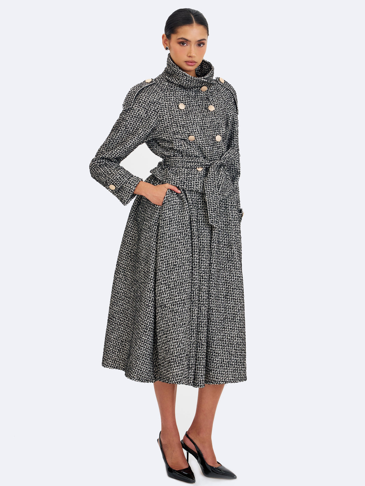 Sadie Black & White Tweed High Collar Belted Mini Jacket