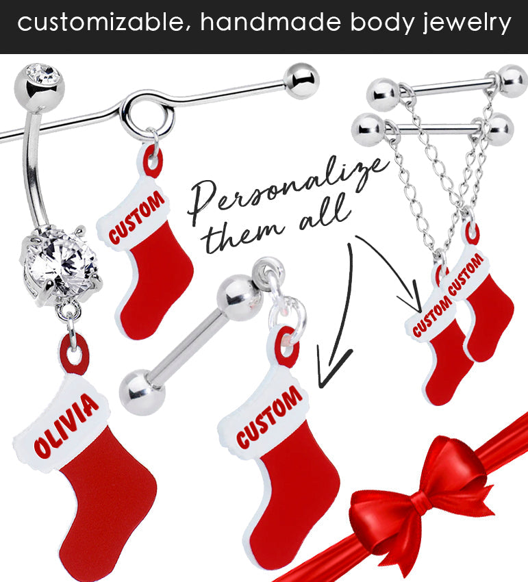 Custom Holiday Christmas Stocking Personalized Name Stud Earrings