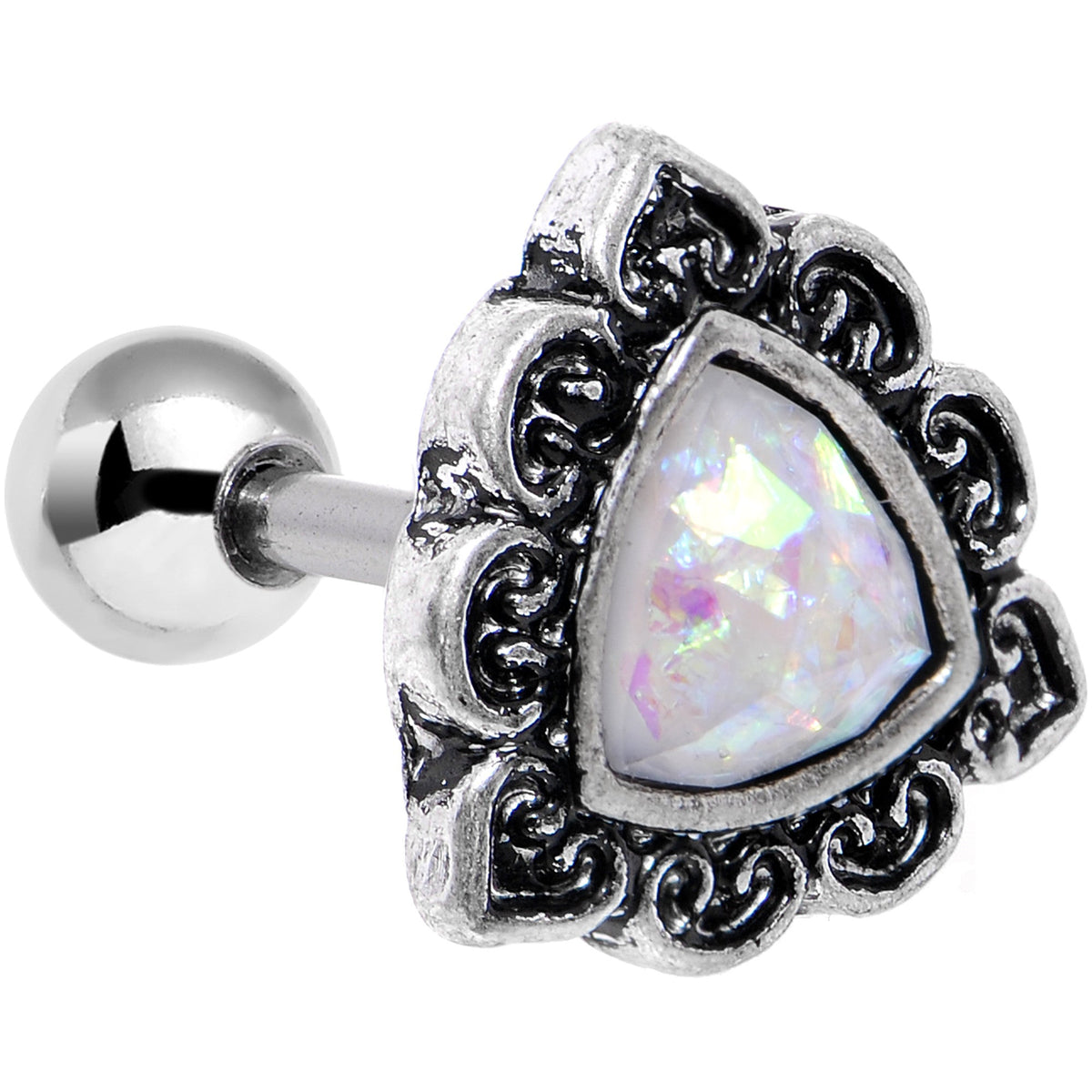 16G Iridescent White Faux Opal Ornate Tragus Cartilage Earring