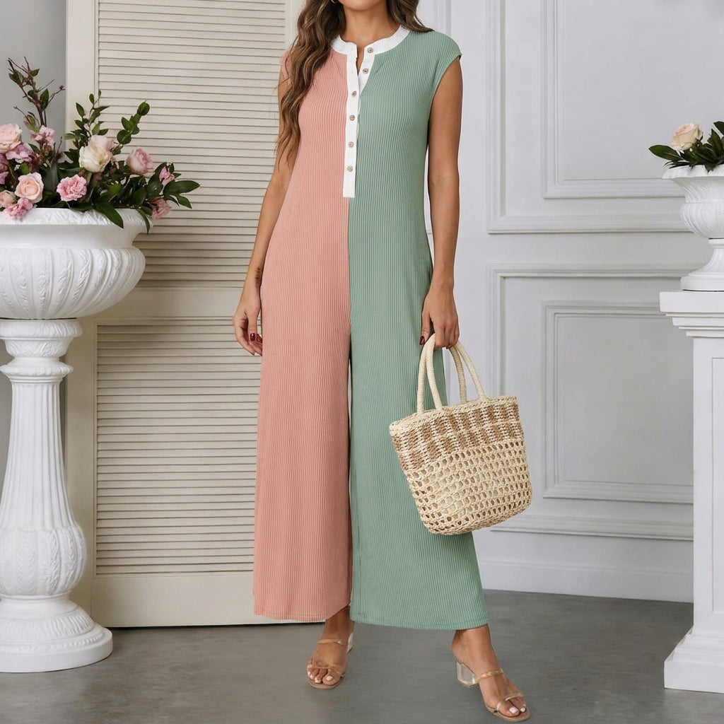Summer Casual Color-Block Wide-Leg Jumpsuit