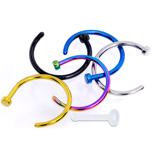 18G 3/8 Pack Set of 5 Assorted Stainless Steel Nose Hoop Rings