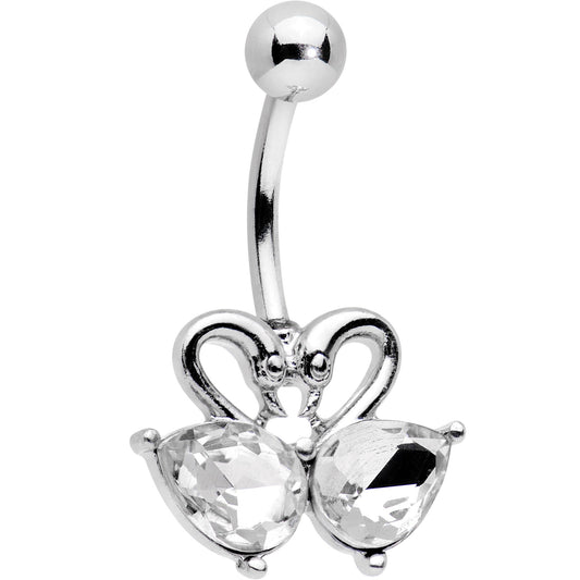 Clear Gem Dual Swimming Swans Heart Belly Ring