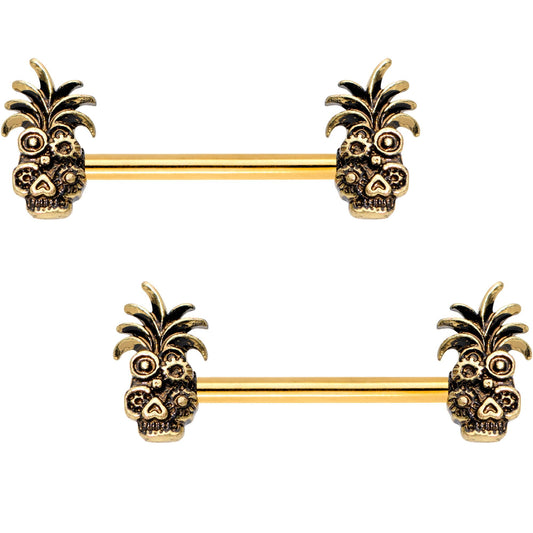 Gold PVD Steampunk Tiki Skull Headdress Barbell Nipple Ring Set